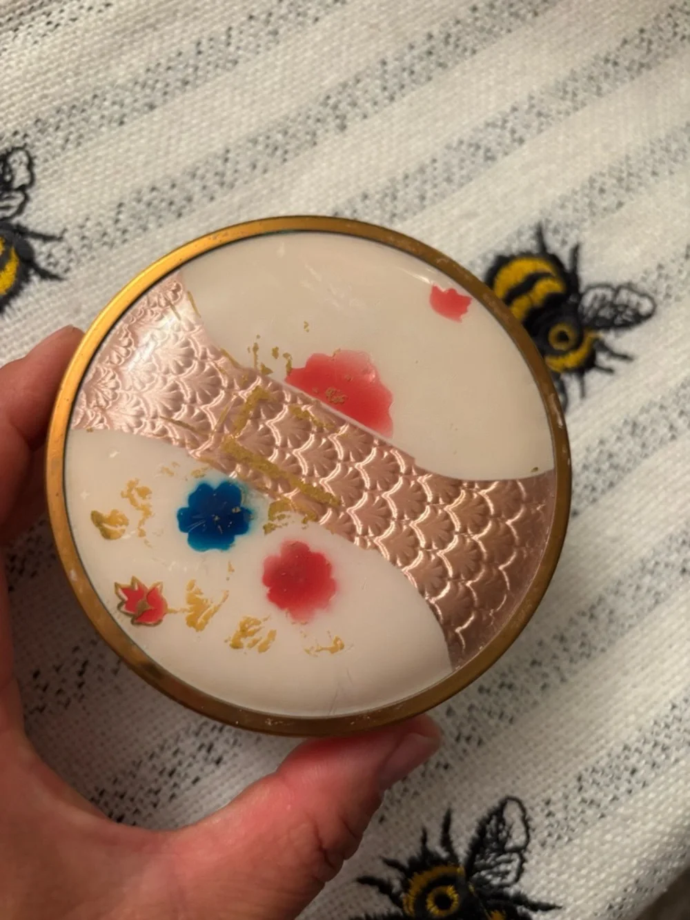 Vintage Glass Powder Jar with Floral Enamel Lid - Pink & Gold Accent
